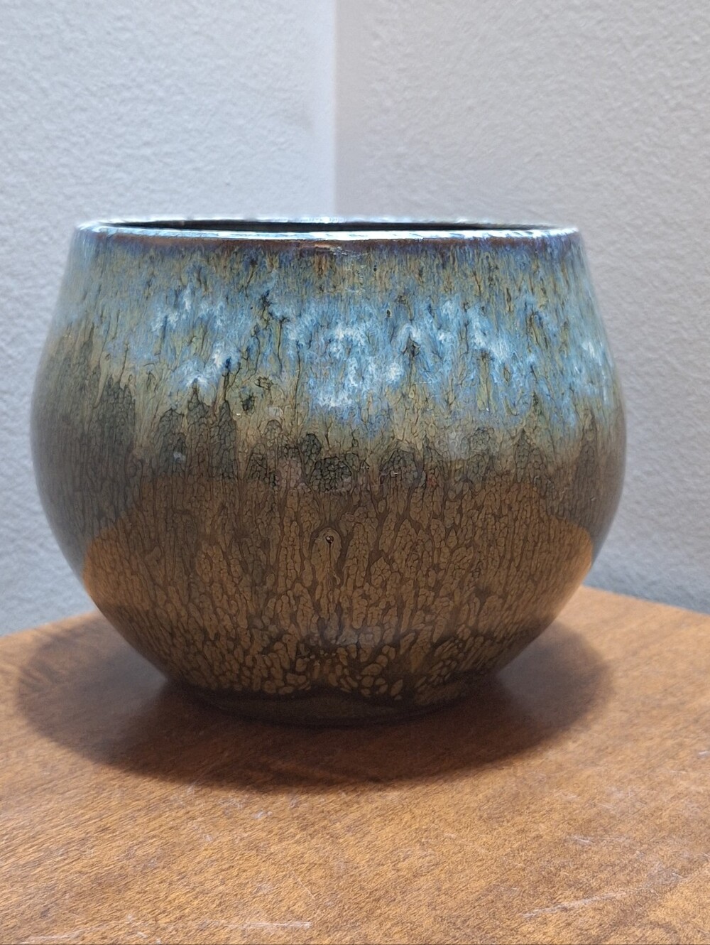 Studio Art Ceramic Blue Green Glossy Drip Glazed 5 Inch Artisan Planter Vase